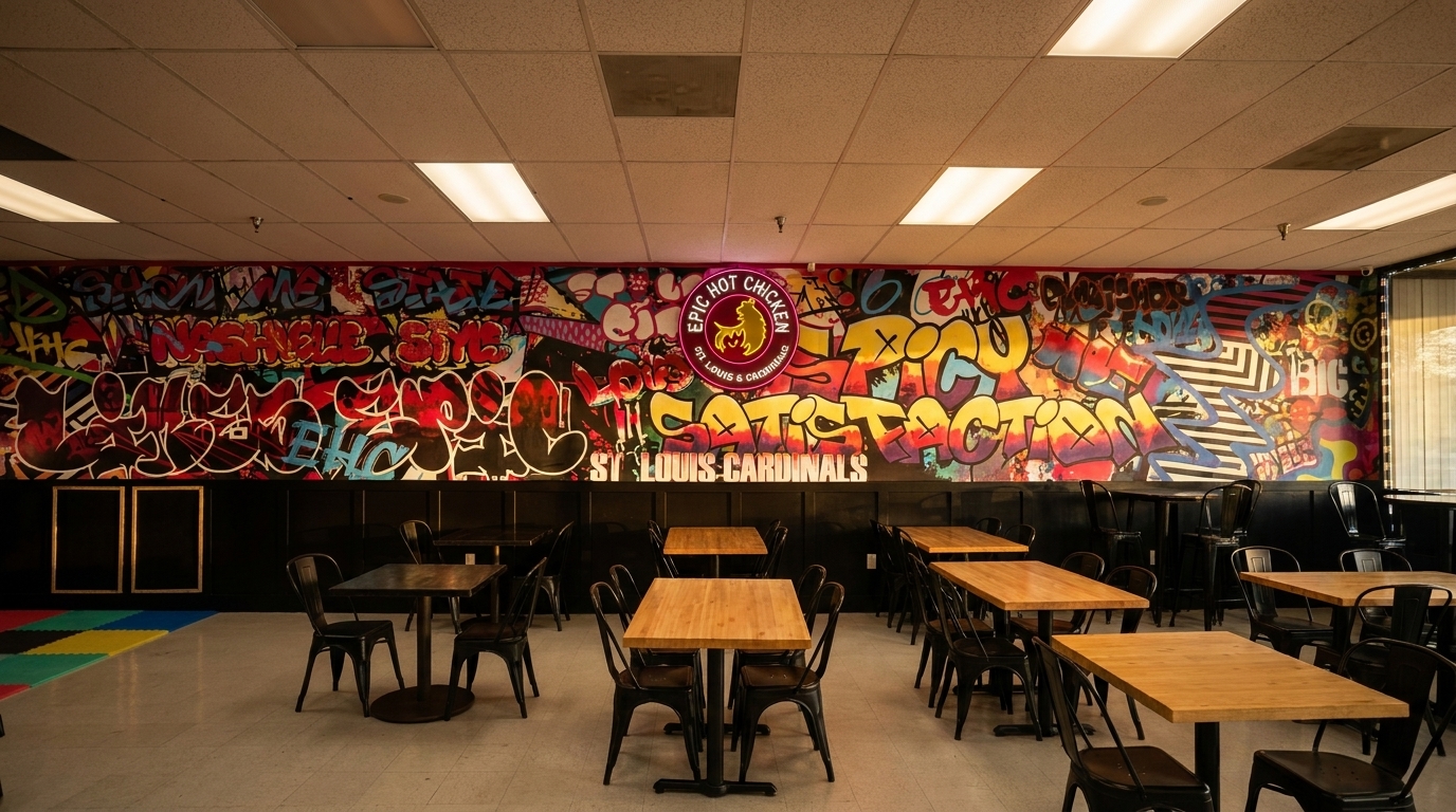 Dining area with wooden tables, black chairs, and a vibrant graffiti mural featuring the Epic Hot Chicken logo.