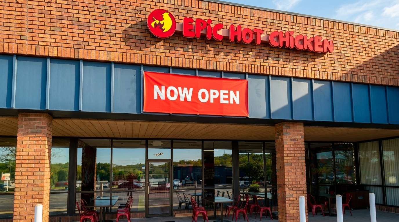 The exterior of Epic Hot Chicken restaurant with a red "NOW OPEN" banner and outdoor seating.