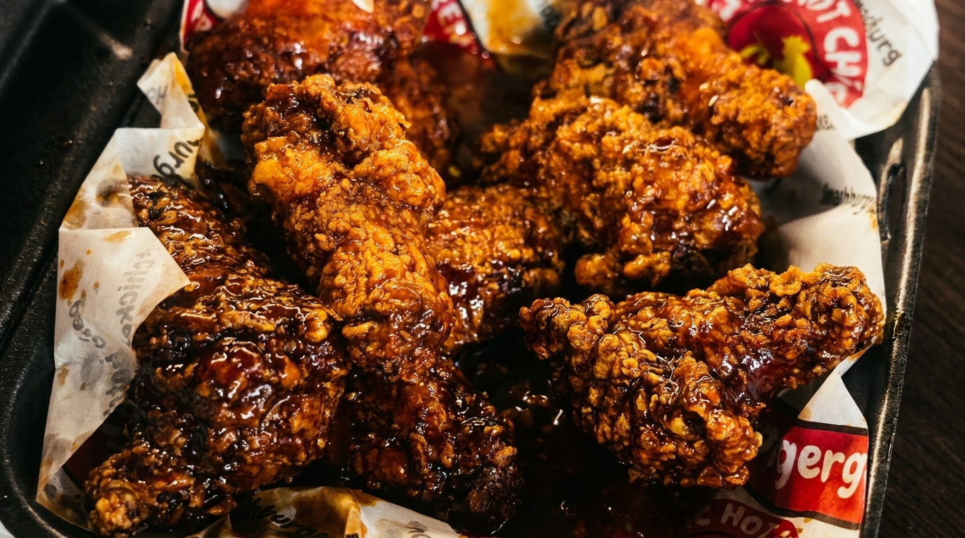 Close-up of crispy, glazed chicken wings in a black container lined with branded paper.