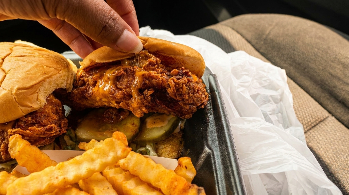 Hand reaching for a crispy fried chicken sandwich with pickles and sauce, next to crinkle-cut fries.
