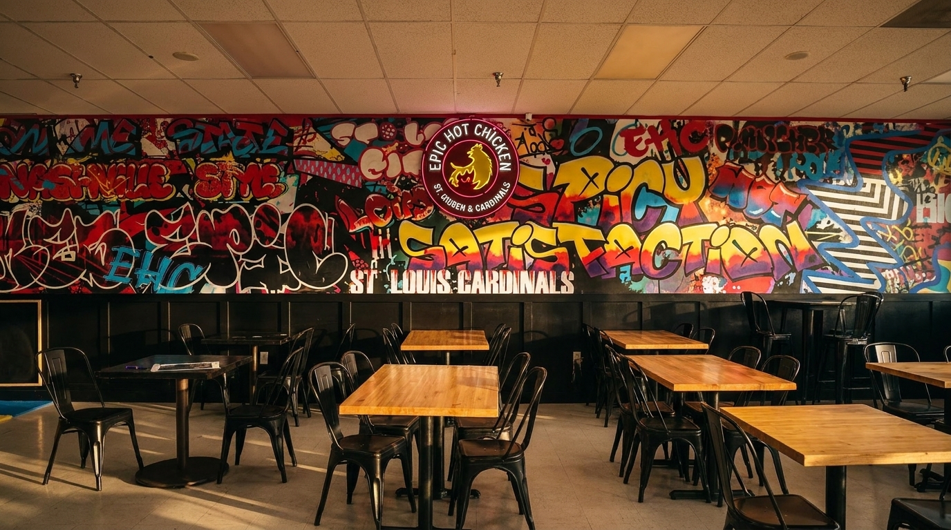 Restaurant interior with colorful graffiti mural, neon "Epic Hot Chicken" sign, and empty tables.