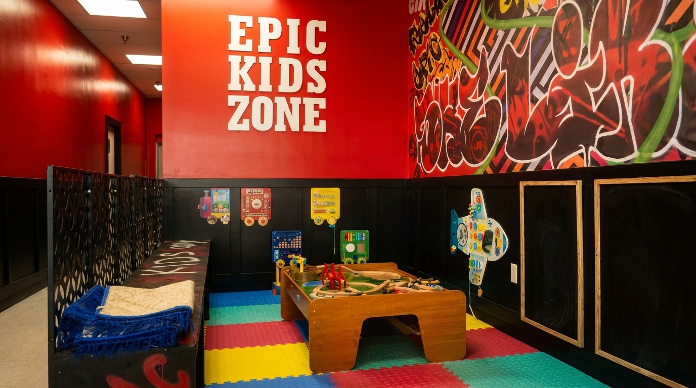 Colorful kids' play area with a train table, activity boards, and a red wall with "EPIC KIDS ZONE".