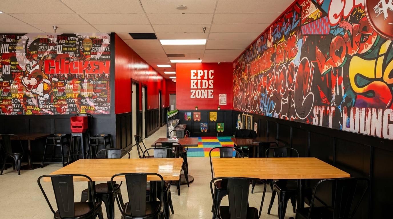 A vibrant restaurant interior with red walls, graffiti art, wooden tables, black chairs, and a kids' play area.