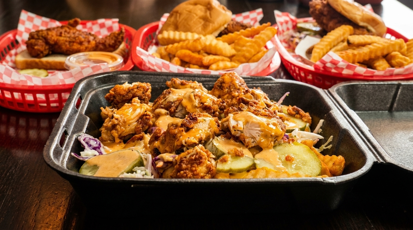 A takeout container of fried chicken, pickles, and coleslaw, with baskets of chicken and fries in the background.