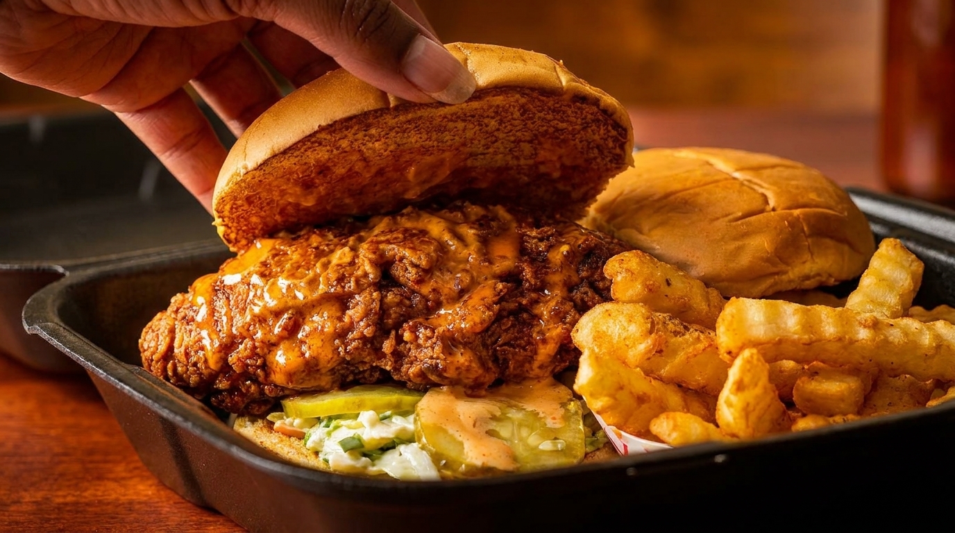 A hand placing the top bun on a crispy fried chicken sandwich with fries in a black tray.