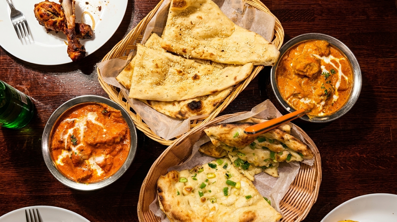 Overhead view of Indian dishes: chicken tikka masala, butter chicken, garlic naan, and plain naan.