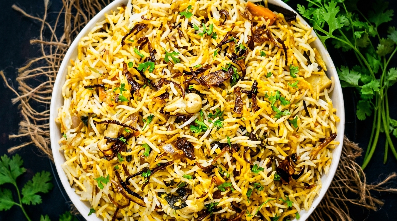 Close-up of a bowl of biryani with rice, fried onions, cashews, and fresh cilantro.
