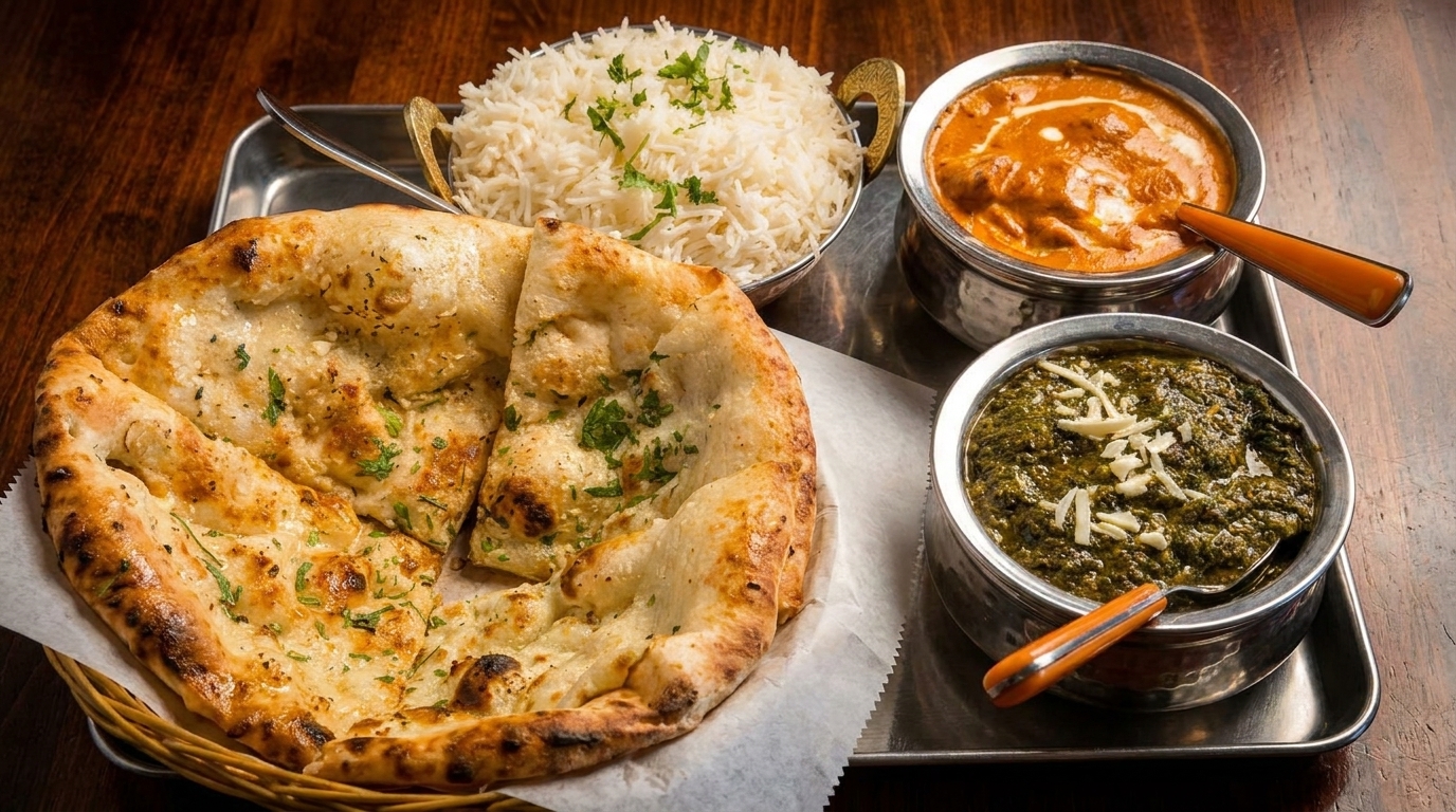 Indian meal with naan bread, basmati rice, butter chicken, and palak paneer on a tray.