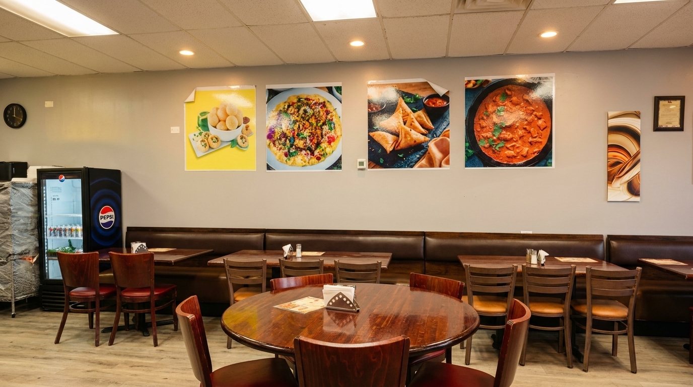 Restaurant dining area with wooden tables, brown chairs, booth seating, and food posters on the wall.