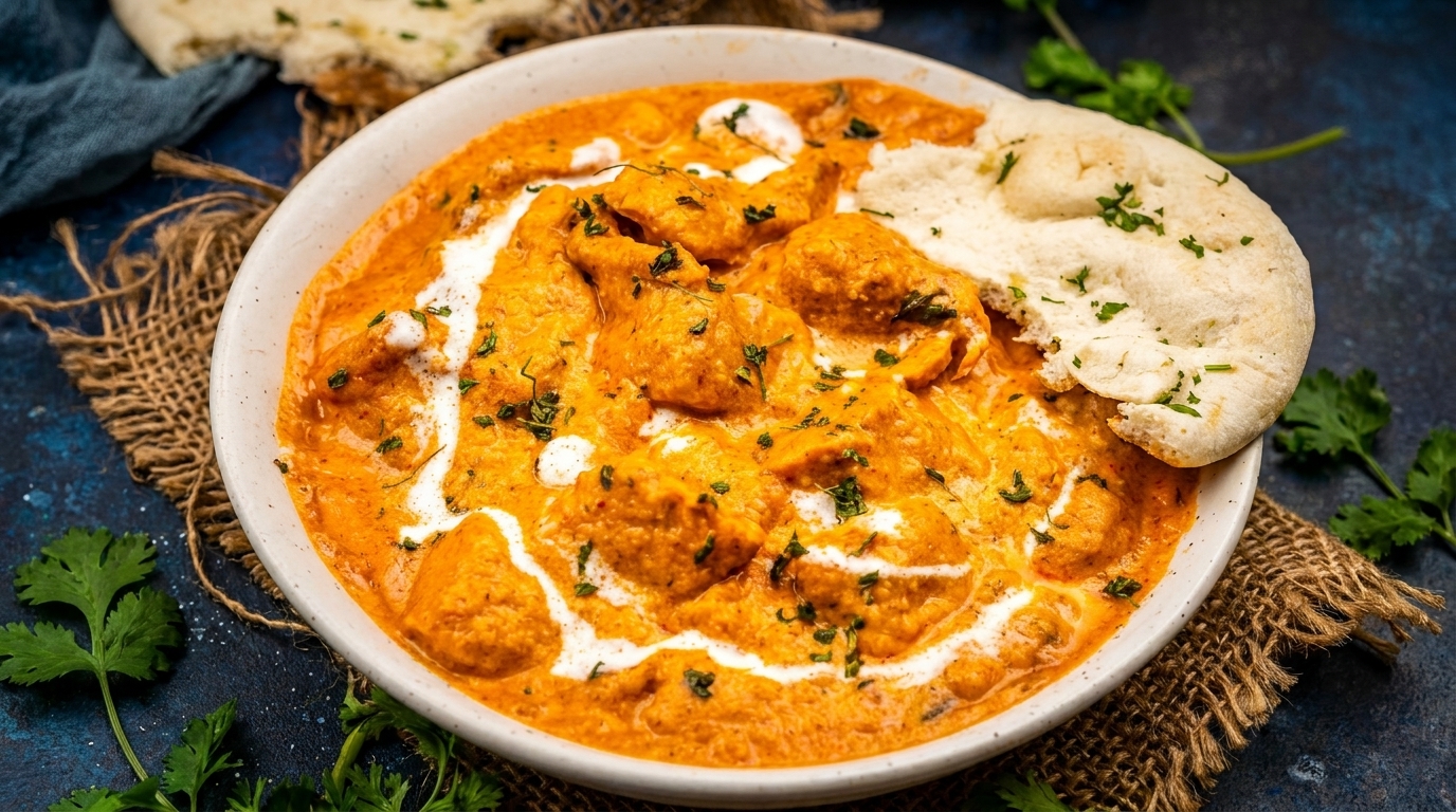 A bowl of creamy orange butter chicken with white swirls, garnished with cilantro and a piece of naan.