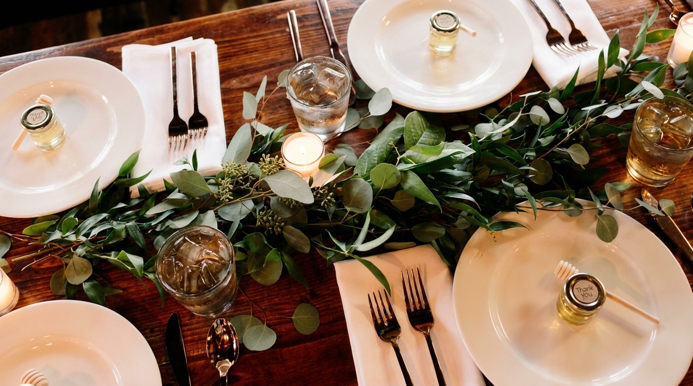 Elegant table setting with white plates, silverware, green garland, candles, and honey jar favors.