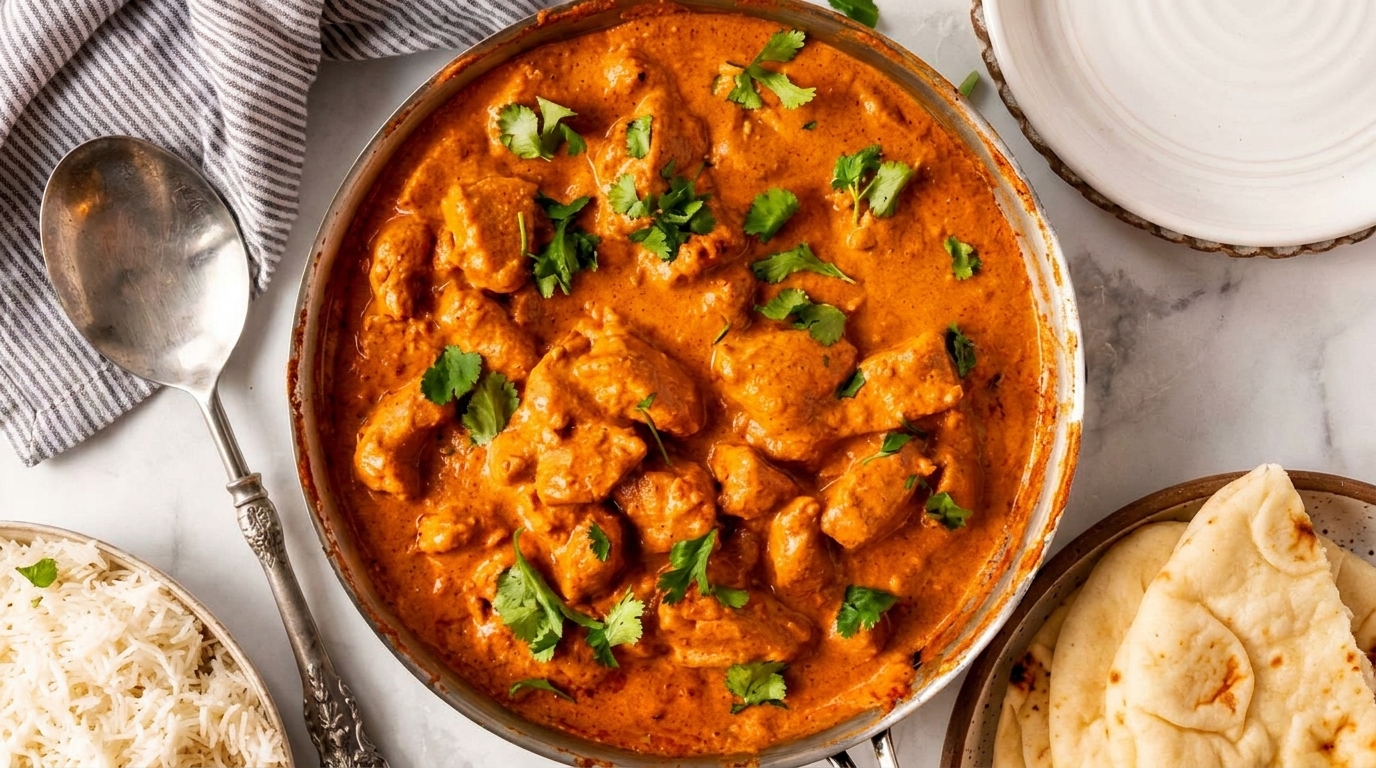 Overhead view of chicken tikka masala in a pan, with rice, naan, and a spoon.