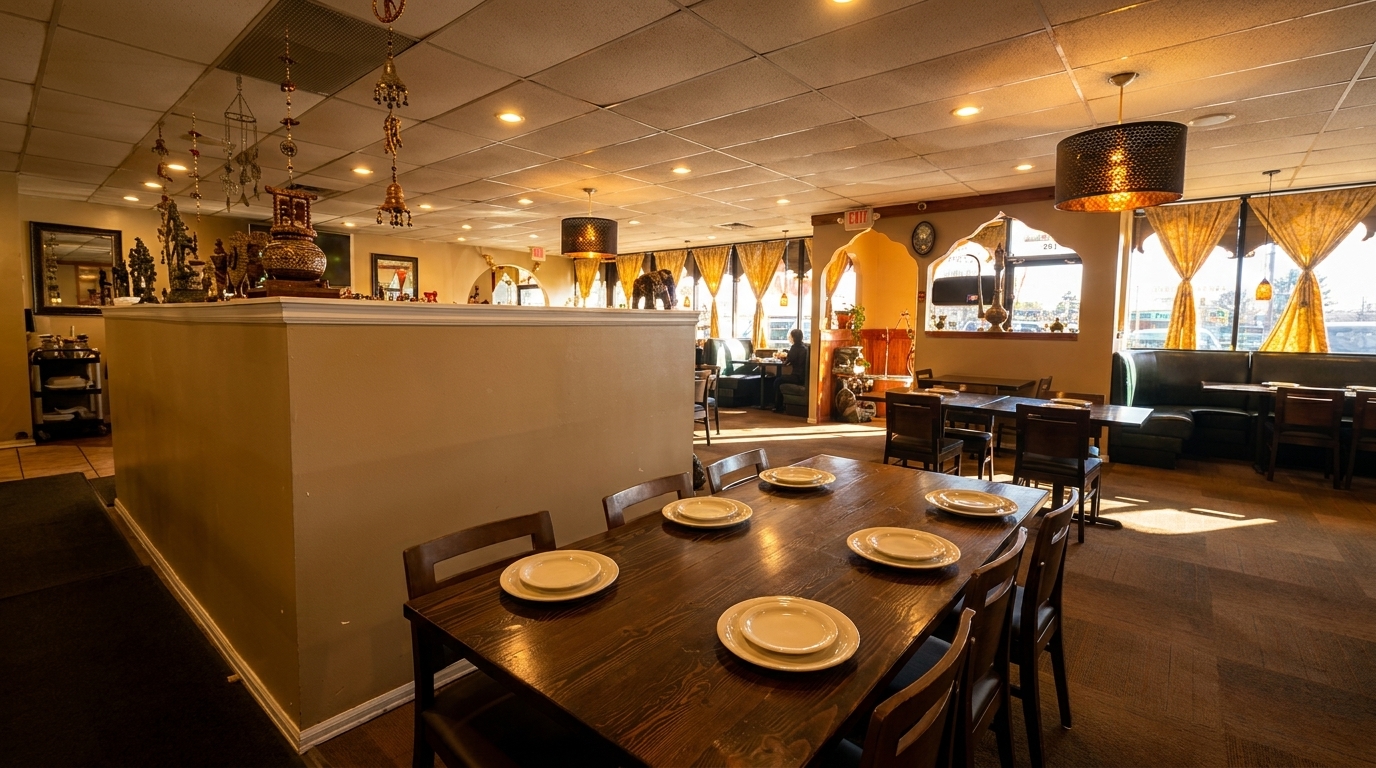 Warmly lit Indian restaurant interior with wooden tables, decorative accents, and sunlit windows.