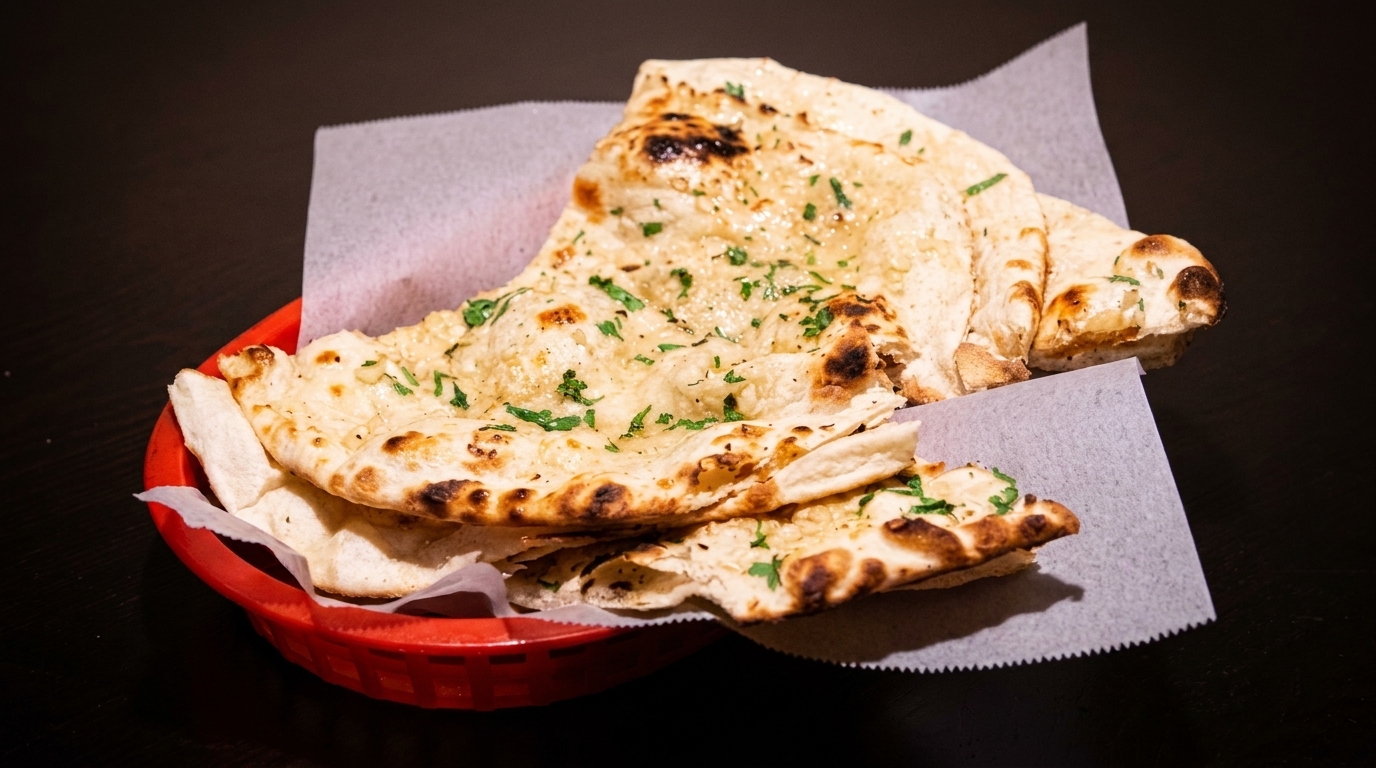 Garlic naan bread with parsley in a red basket on a dark table.