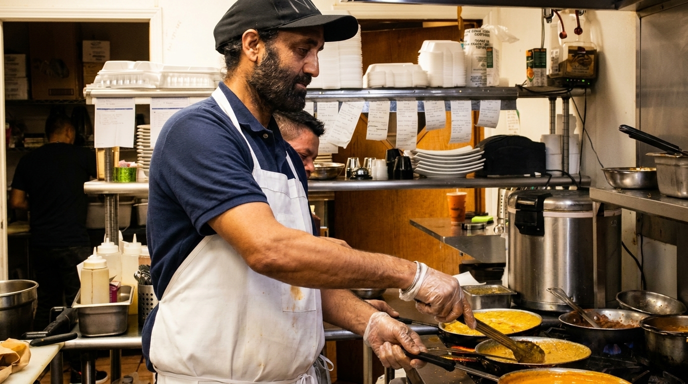 Chef in a black cap and white apron cooking in a busy restaurant kitchen.