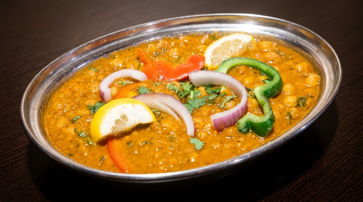 Chana Masala, a chickpea curry, garnished with red onion, bell peppers, cilantro, and lemon slices.