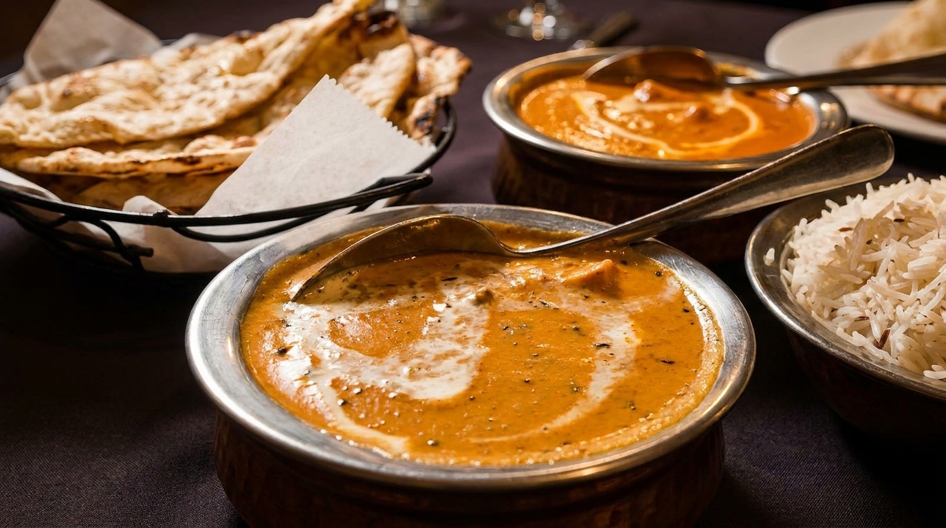 Two bowls of Indian curry with cream swirls, a basket of naan bread, and a bowl of rice.