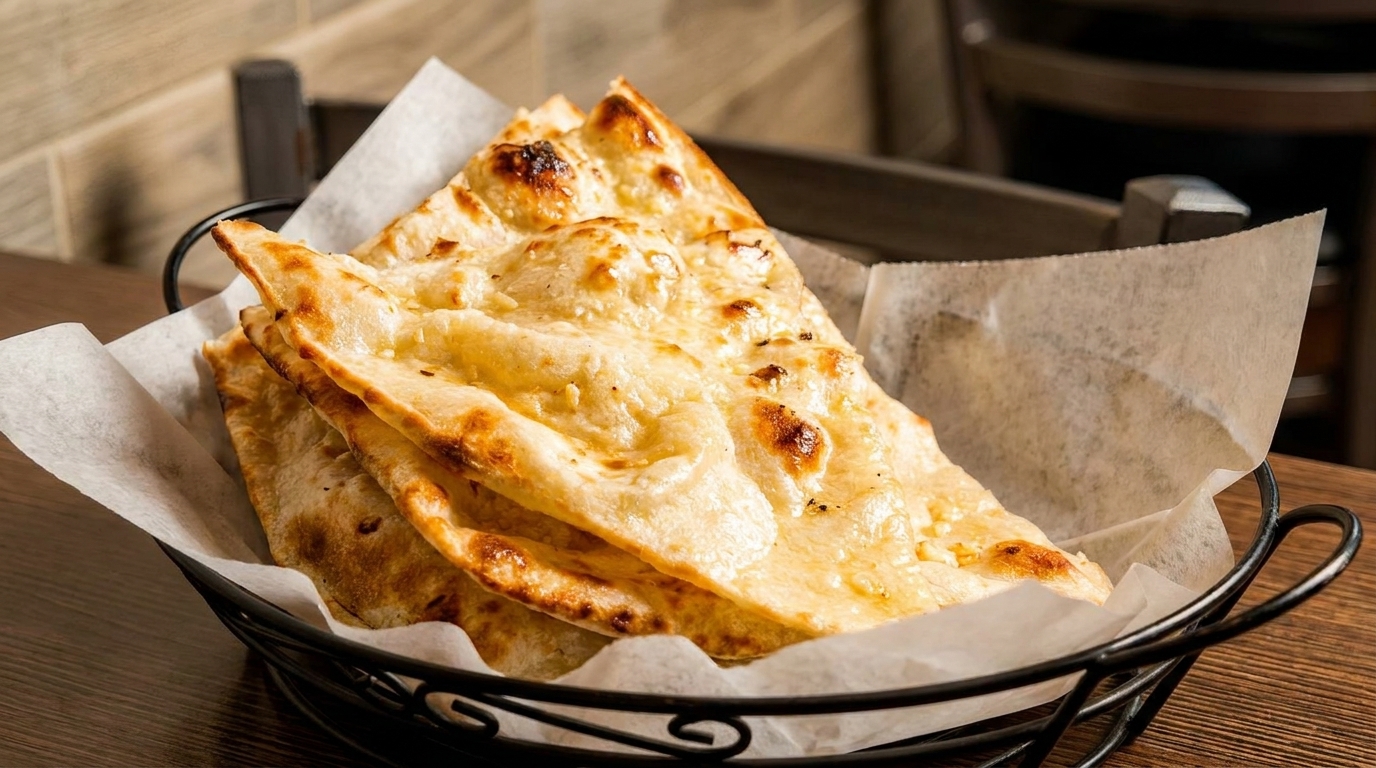 Warm, golden-brown naan bread, lightly charred, served in a black wire basket lined with parchment paper.