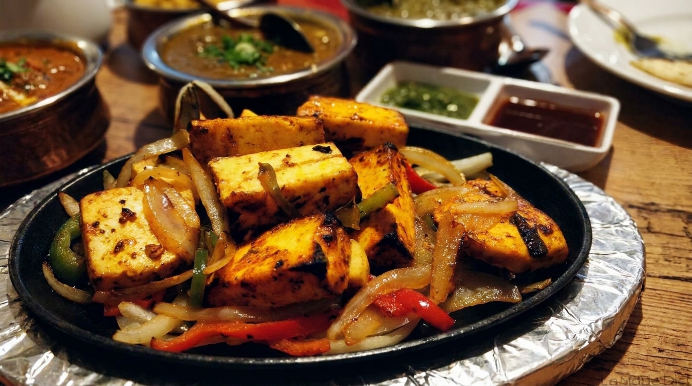 Sizzling paneer tikka with onions and peppers on a hot plate, with Indian curries in the background.
