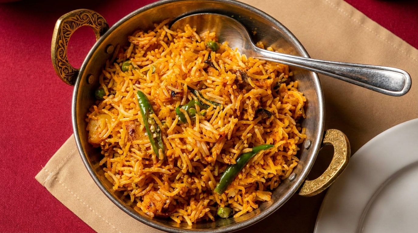 A metal bowl of orange-hued biryani rice with green chilies and peas, with a spoon.