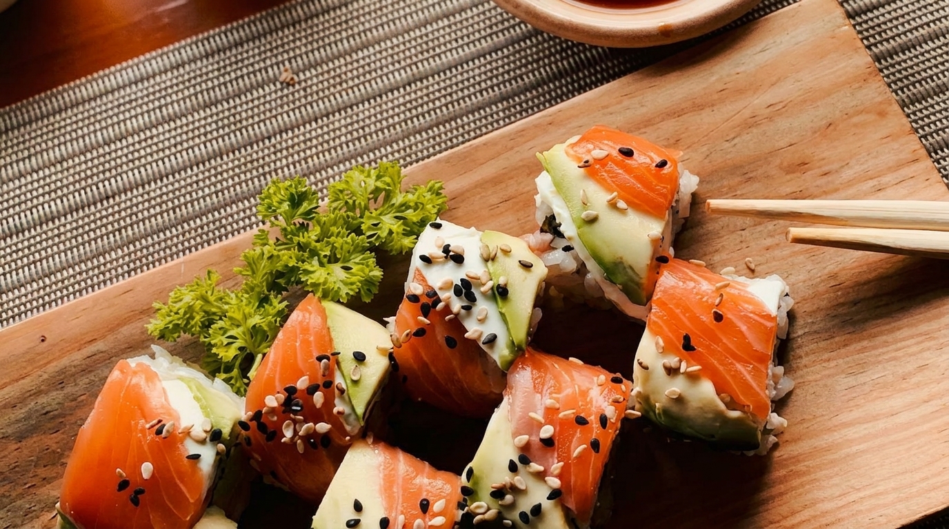Salmon and avocado sushi rolls with sesame seeds, garnished with parsley on a wooden board.