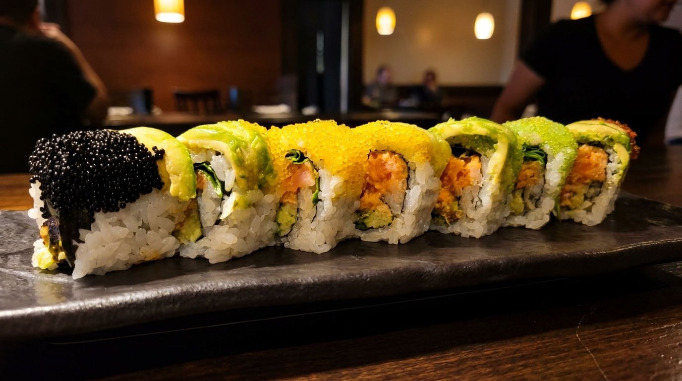 A sushi roll with black, yellow, and green roe, avocado, and salmon on a dark plate.