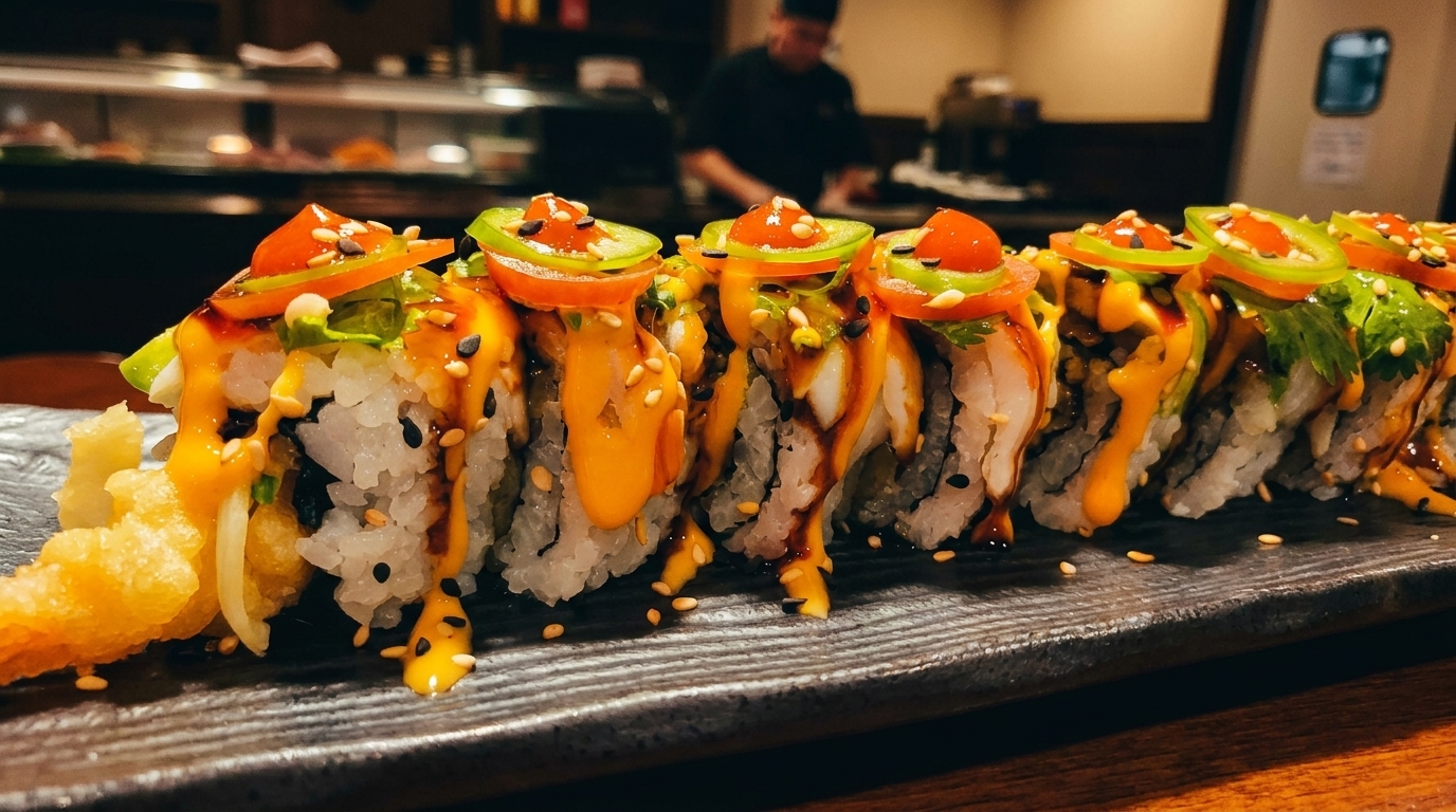 Close-up of a sushi roll with orange sauce, sesame seeds, and sliced peppers on a dark plate.