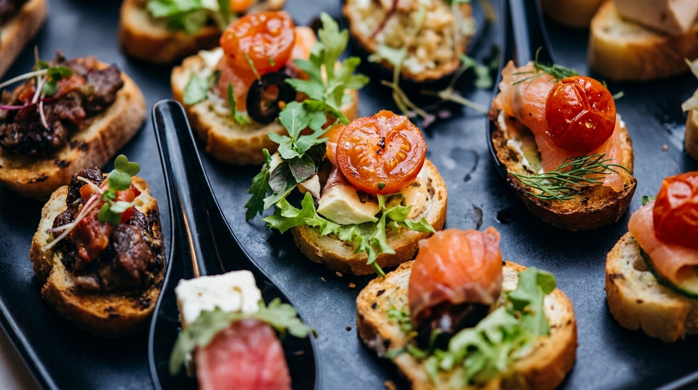 A close-up of various gourmet canapés on toasted bread, garnished with cherry tomatoes, salmon, and herbs.