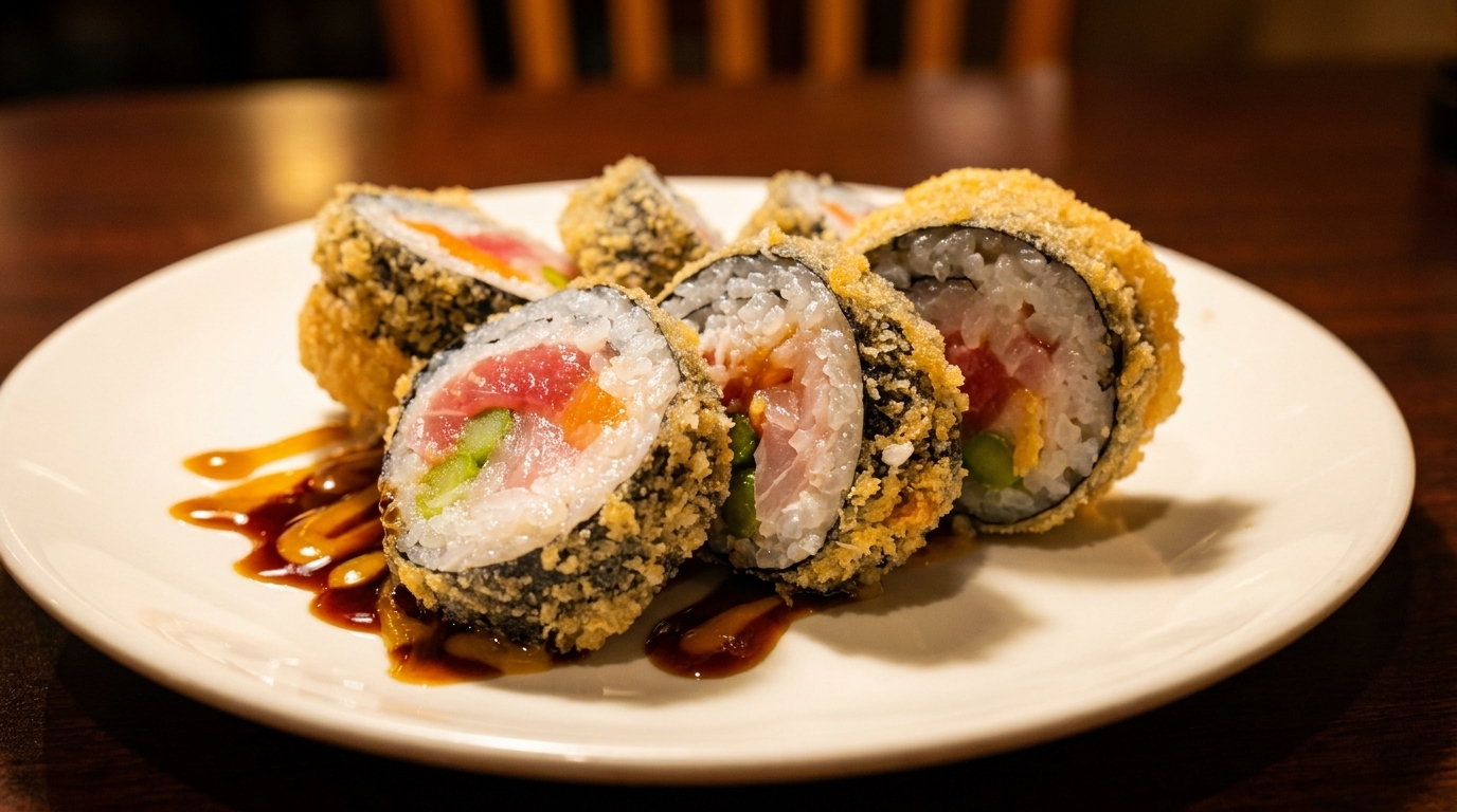 Six pieces of deep-fried sushi with tuna, avocado, and sauce on a white plate.