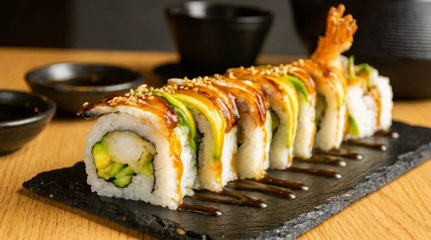 Dragon sushi roll with shrimp tempura, avocado, eel, and sauce on a dark slate.
