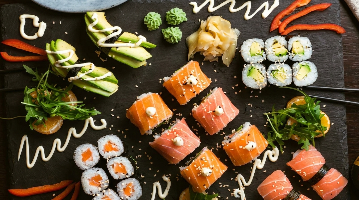 Assorted sushi rolls, avocado, ginger, wasabi, and red pepper on a dark platter.