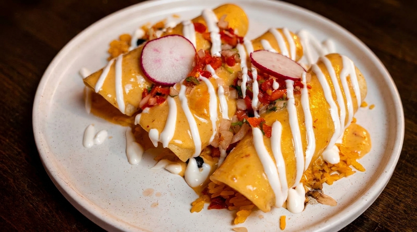 Three enchiladas topped with cheese sauce, sour cream, pico de gallo, and radish slices on a white plate.