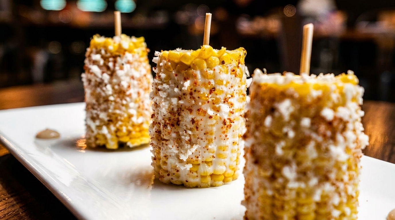 Three elotes, Mexican street corn, on a white plate, topped with cheese and chili powder.