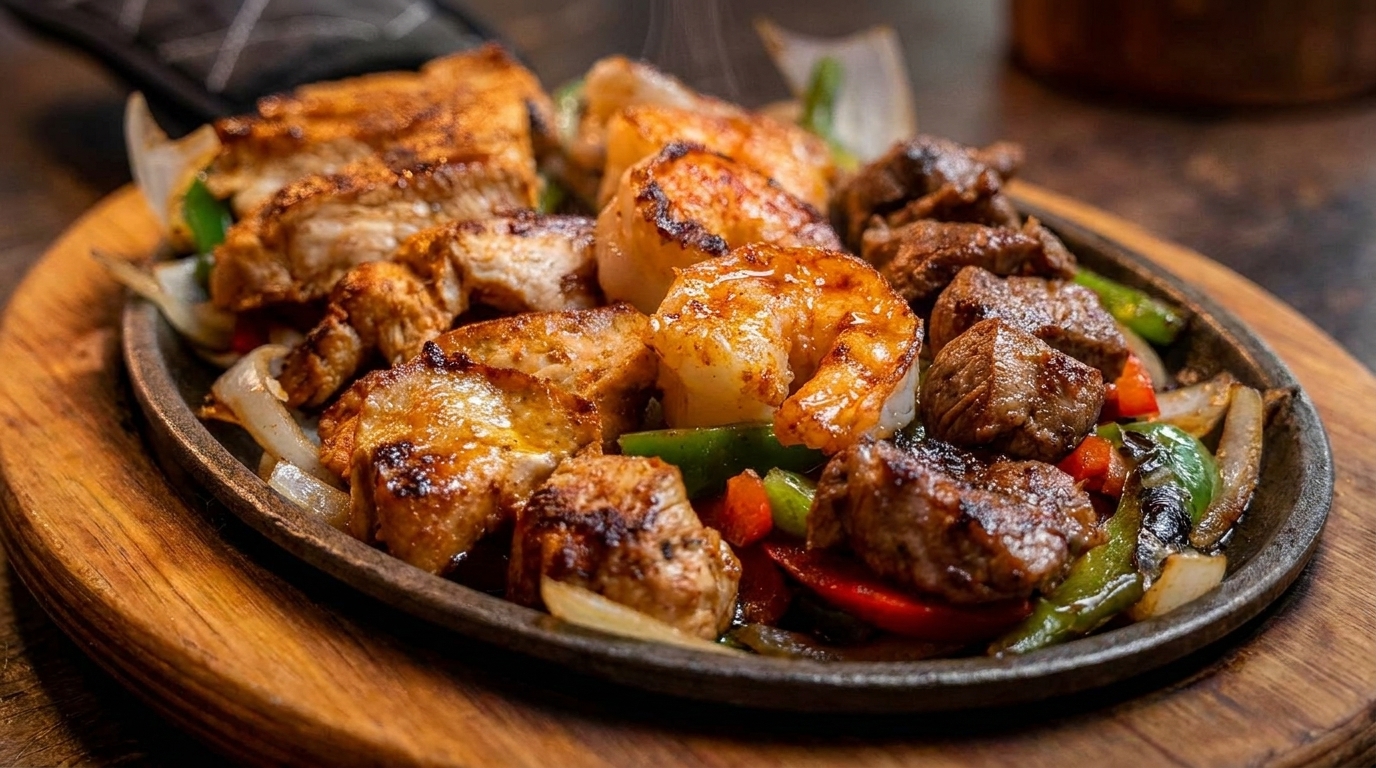 Sizzling fajitas with chicken, steak, shrimp, and vegetables on a cast iron skillet.