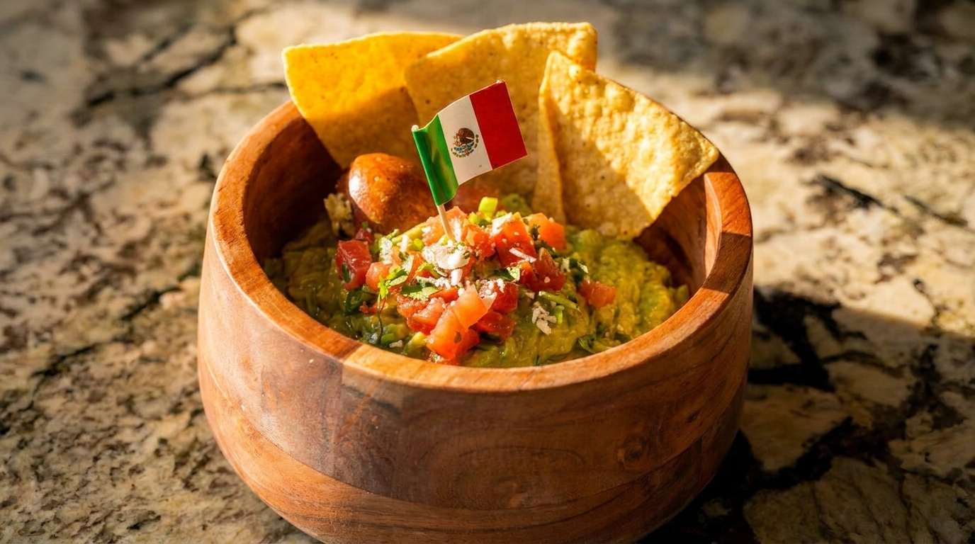 Guacamole in a wooden bowl with tortilla chips and a small Mexican flag.