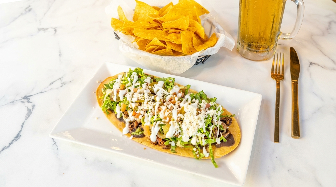 A large Mexican huarache with meat, lettuce, cheese, and crema, served with chips and beer.