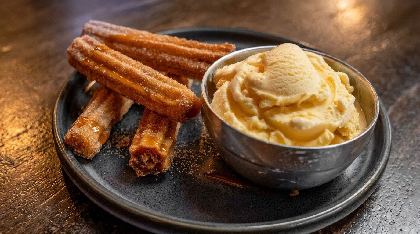 Golden churros with caramel drizzle and sugar, served with a bowl of vanilla ice cream.
