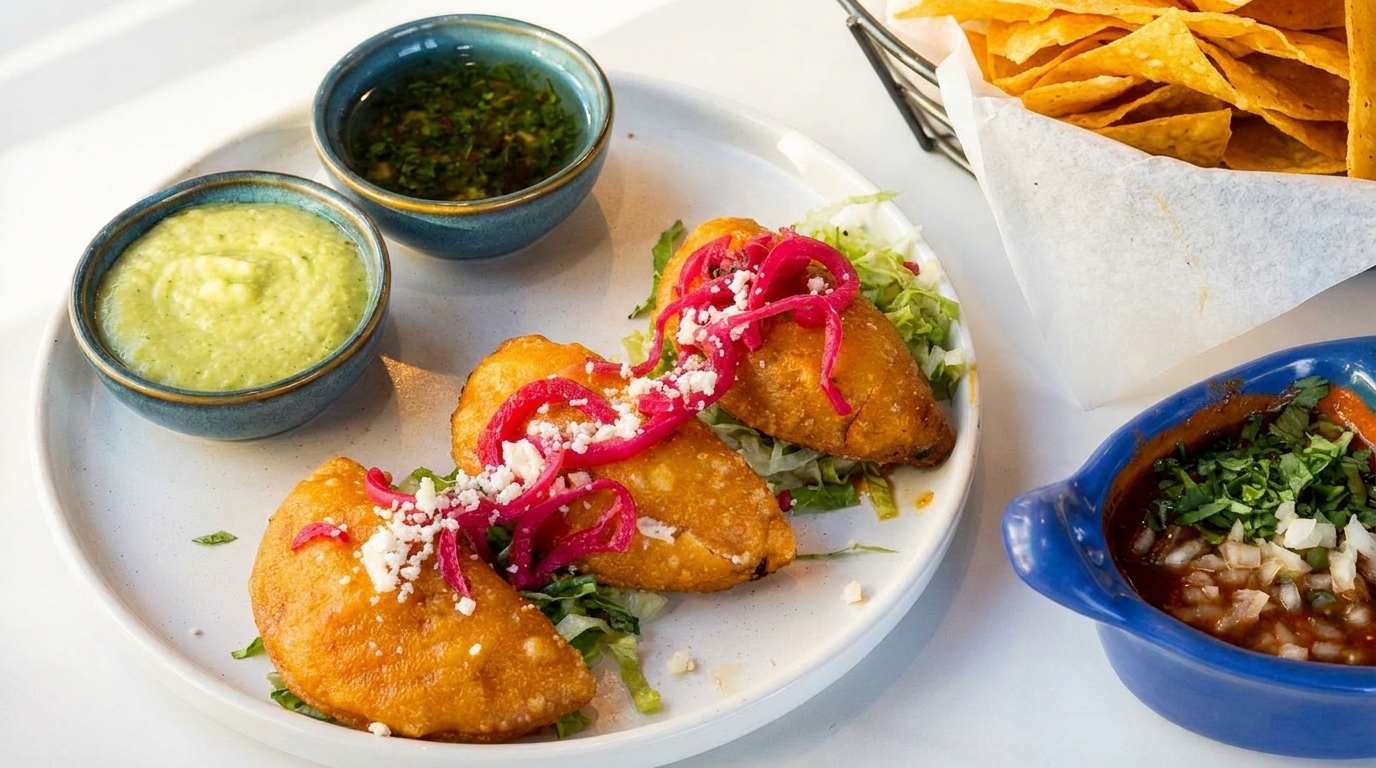 Golden empanadas topped with red onions and cheese, served with green sauces, chips, and salsa.