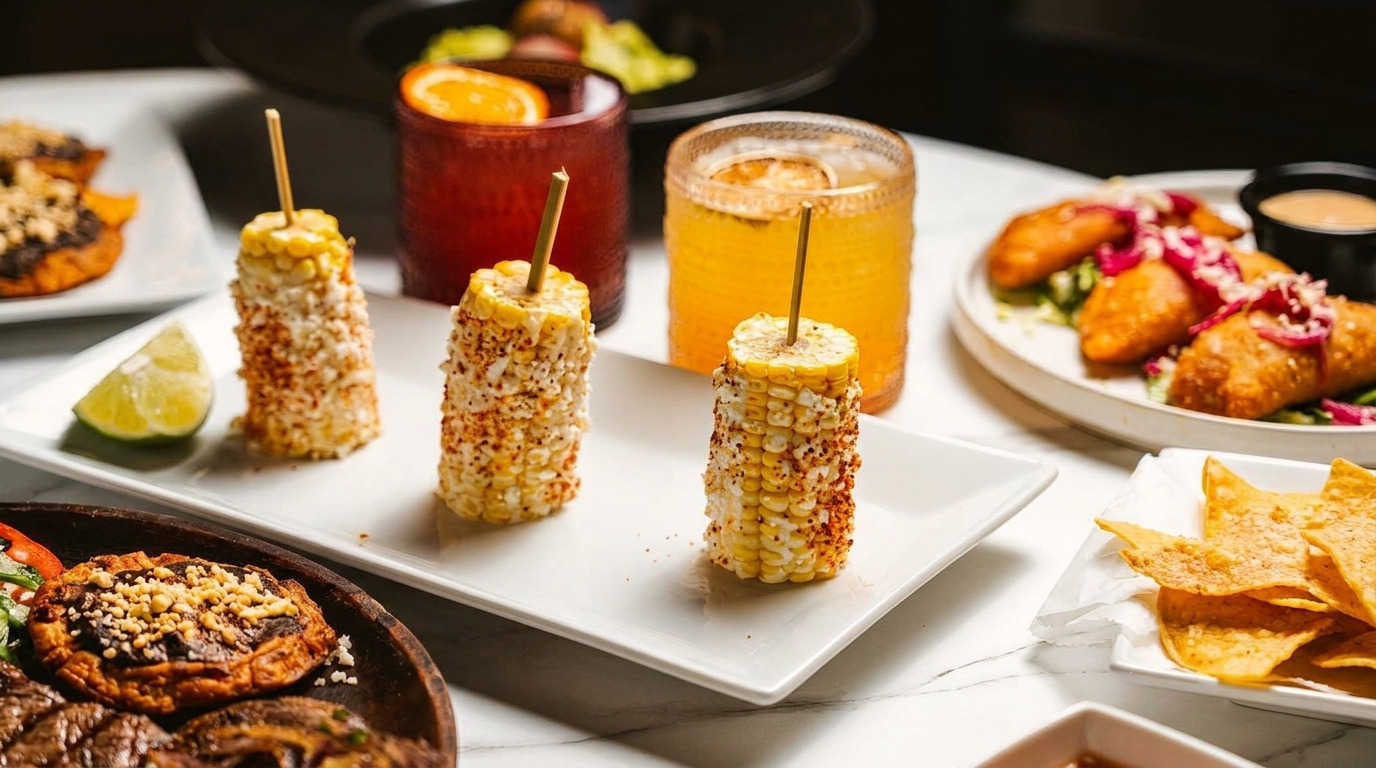 Elote corn, empanadas, chips, and drinks on a table at a restaurant.