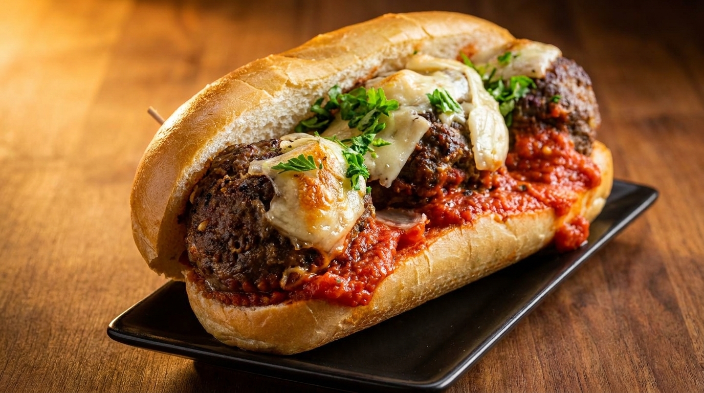 Meatball sub sandwich with marinara sauce, melted cheese, and parsley on a black plate.
