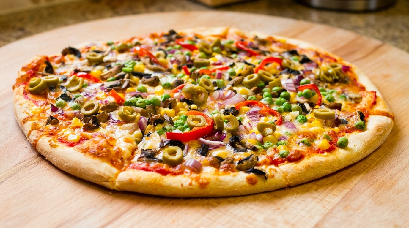 A vibrant vegetarian pizza with olives, mushrooms, corn, peas, red onions, and bell peppers.