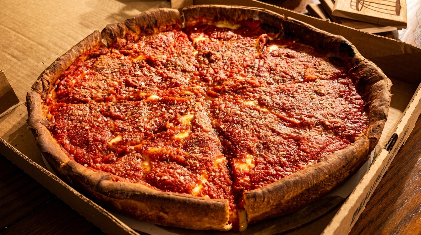 Deep dish pizza with thick red sauce and melted cheese, sliced in a cardboard box.