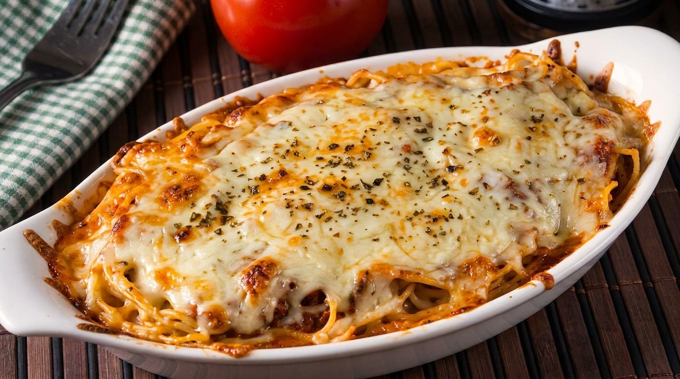 Baked spaghetti with melted cheese and herbs in a white dish, with a tomato and napkin.