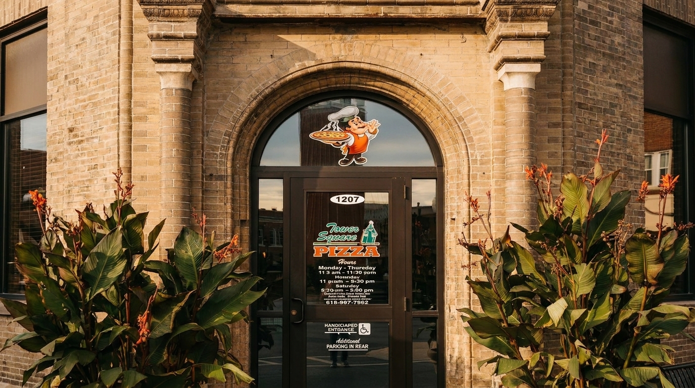 The entrance to Tower Square Pizza, featuring a chef mascot on the door and lush plants.