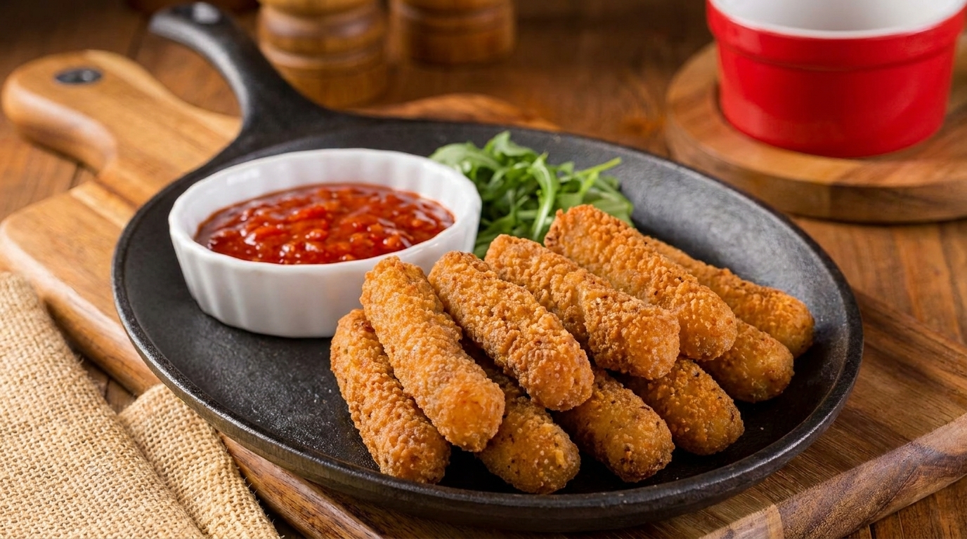 Golden-brown mozzarella sticks with marinara sauce and arugula on a black skillet.
