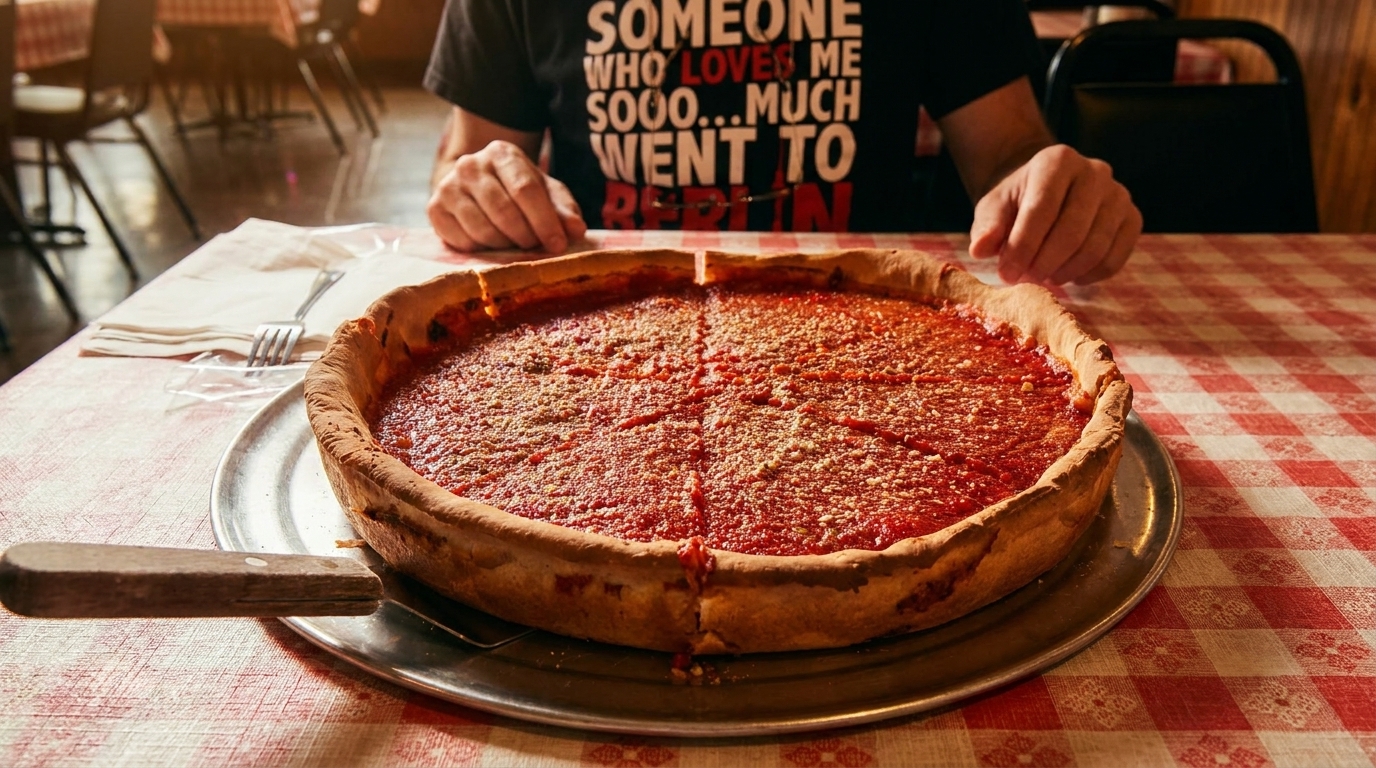 A deep-dish pizza with red sauce and cheese on a checkered tablecloth, with a person in the background.
