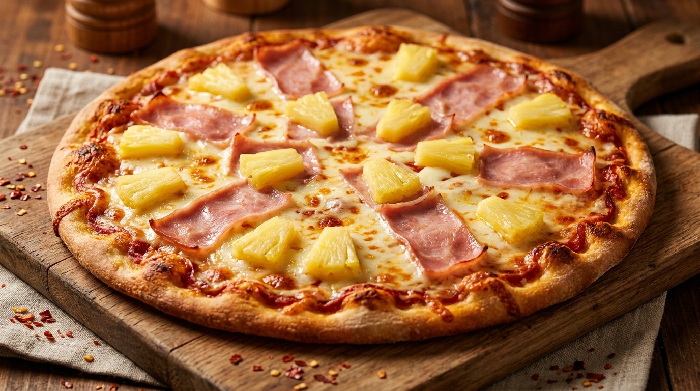 Hawaiian pizza with ham and pineapple chunks on a wooden board, sprinkled with chili flakes.