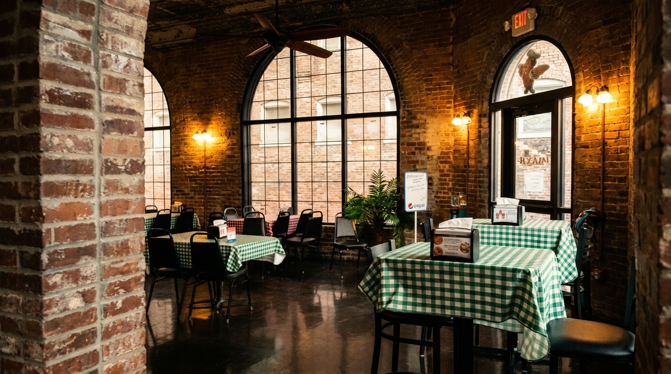 Restaurant interior with brick walls, arched windows, and tables with green and white checkered tablecloths.