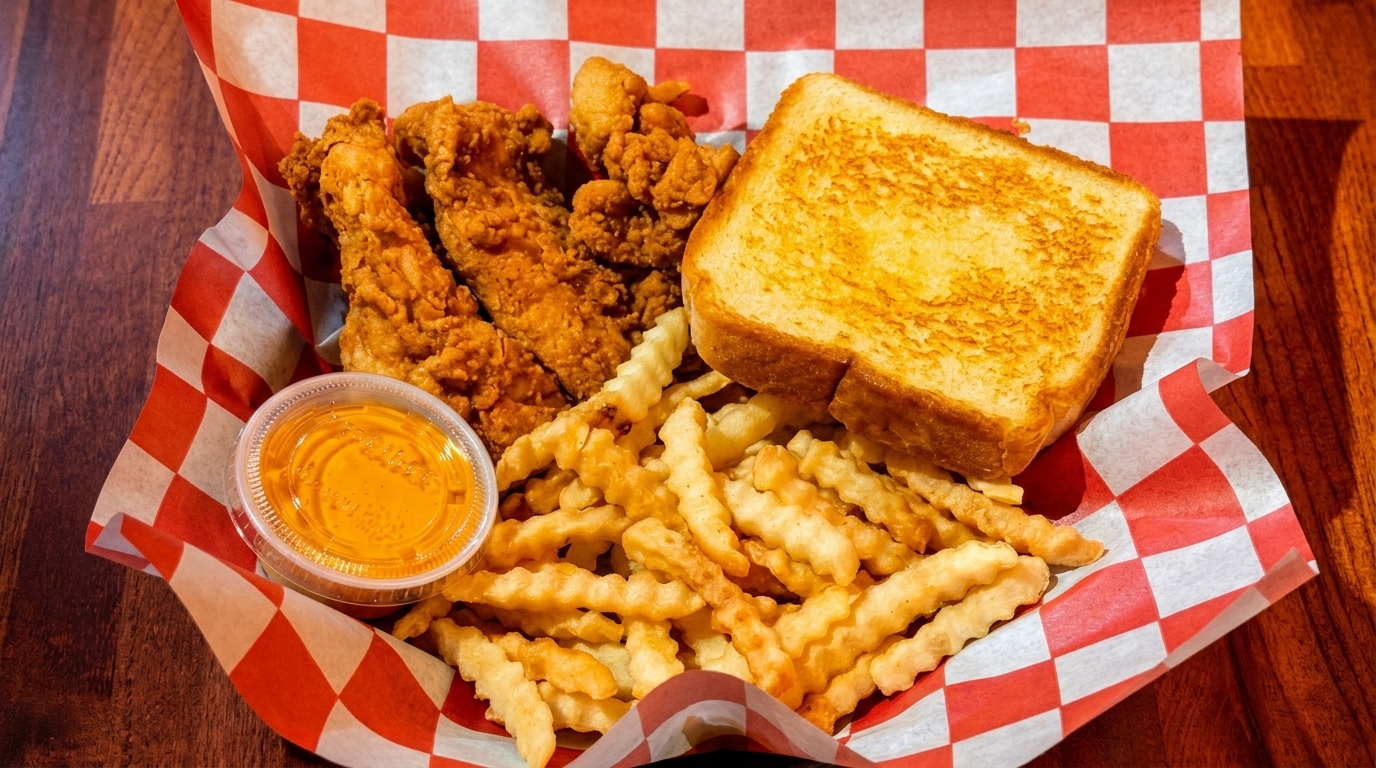 Crispy chicken tenders, crinkle-cut fries, Texas toast, and dipping sauce in a red checkered basket.