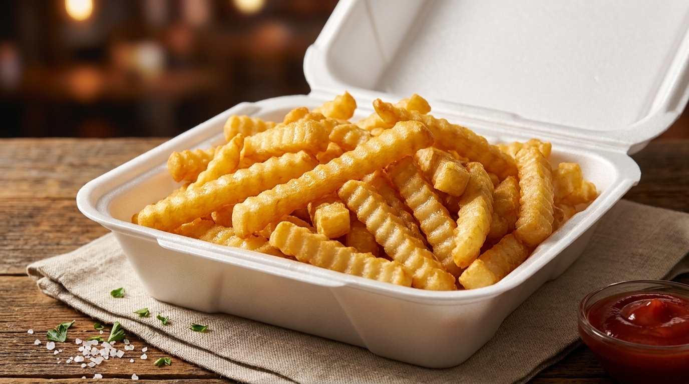 Crispy crinkle-cut fries in a white takeout container